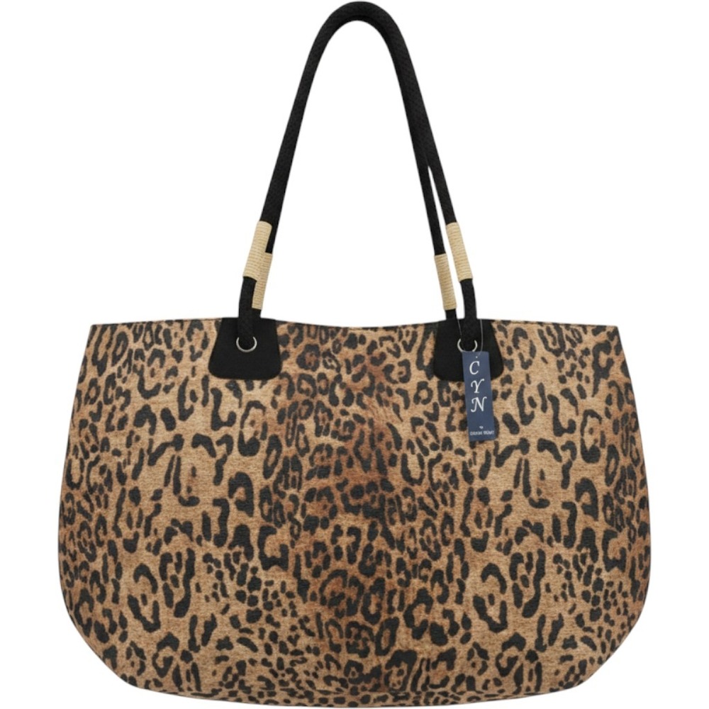 Vintage CYN by Cynthia Mehra Leopard Print Jute Tote Rope Handle NWT Large Brown